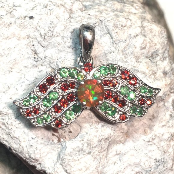 .925 Silver Opal, Tsavorite & Red Garnet Wings Pendant Angel Natural - Picture 2 of 16